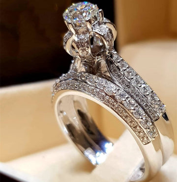 Silver Tone Raised Solitaire Three Piece Crystal Ring Set
