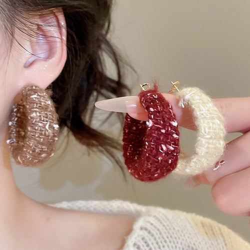 Metal Silver Needle Korean Wool Knit Round Hoop Earrings For Autumn Winter Fashion Jewelry