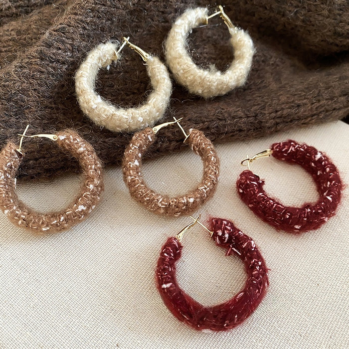 Metal Silver Needle Korean Wool Knit Round Hoop Earrings For Autumn Winter Fashion Jewelry