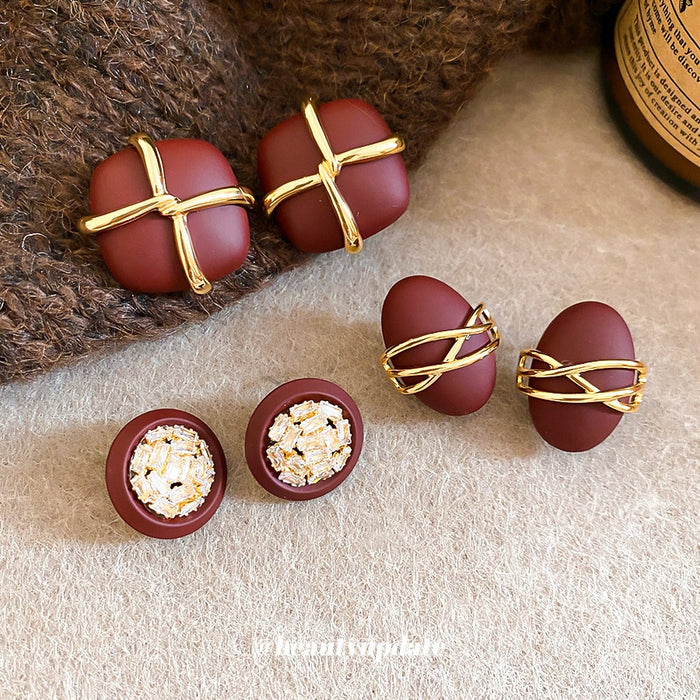 18K Gold Plated Copper Red Cross Oval Geometric Stud Earrings With Silver Pins For Women