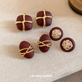 18K Gold Plated Copper Red Cross Oval Geometric Stud Earrings With Silver Pins For Women view 3