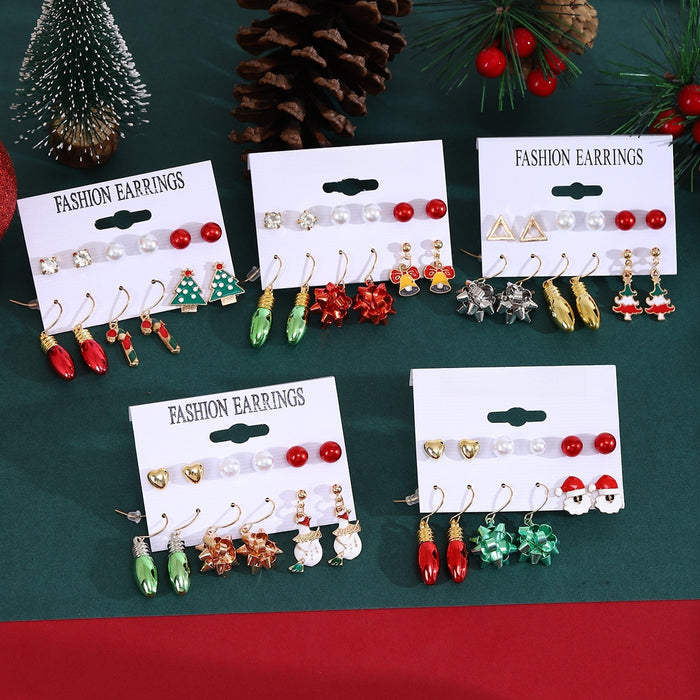 Elegant Christmas Bell Santa Tree Bow Light Enamel Pearl Rhinestone Alloy Drop Stud Hoop Set Earrings