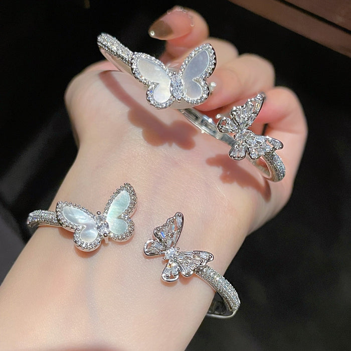 Light Luxury Sparkling Zircon Mother Of Pearl Butterfly Open Bangle Bracelet For Women