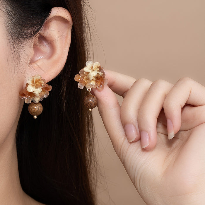 Vintage Chinese Style Gradient Acrylic Flower Studs With Wooden Bead Drop Elegant Fashion Pendant Earrings