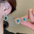 Light Luxury Copper Zircon Leaf Flower Teardrop Pendant Drop Earrings For Women view 2
