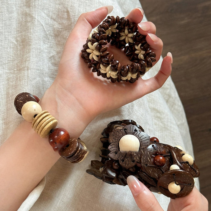 Vintage Bohemian Coconut Shell Wood Bead Round Elastic Bangle For Women