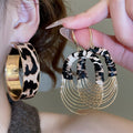Vintage Leopard Print Leather Oval Layered Hollow Pendant Drop Earrings Maillard Style view 2