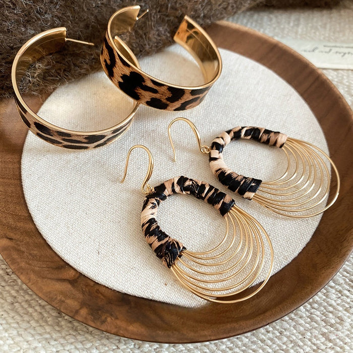 Vintage Leopard Print Leather Oval Layered Hollow Pendant Drop Earrings Maillard Style