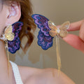 Light Luxury Faux Pearl Zircon Embroidered Butterfly Asymmetric Tassel Drop Earrings view 1