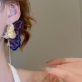 Light Luxury Faux Pearl Zircon Embroidered Butterfly Asymmetric Tassel Drop Earrings view 3