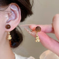 Vintage Tiger Eye Stone Gourd Pendant Drop Earrings With Silver Pins, Geometric Maillard Style view 1