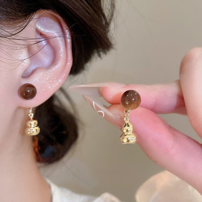 Vintage Tiger Eye Stone Gourd Pendant Drop Earrings With Silver Pins, Geometric Maillard Style