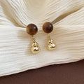 Vintage Tiger Eye Stone Gourd Pendant Drop Earrings With Silver Pins, Geometric Maillard Style view 2