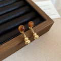 Vintage Tiger Eye Stone Gourd Pendant Drop Earrings With Silver Pins, Geometric Maillard Style view 4