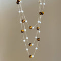 Vintage Maillard Resin Tiger Eye Pearl Beaded Geometric Pendant Sweater Necklace For Women view 2