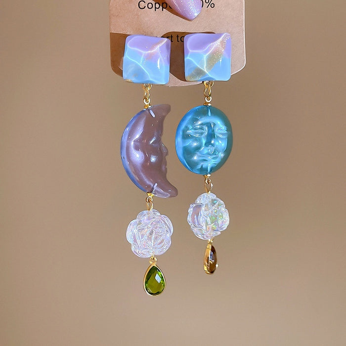 Silver Needle Acrylic Resin Sun Moon Asymmetric Floral Drop Earrings Fresh Style
