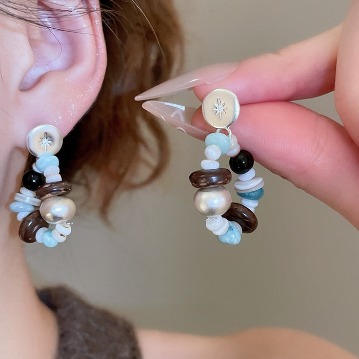 Vintage Ethnic Stone Beaded Eight Point Star Drop Earrings With Shell Accents For Women