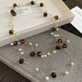 Vintage Tiger Eye Pearl Beaded Layered Crystal Sweater Necklace, Maillard Geometric Round Bead Style For Women view 2