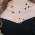 Vintage Tiger Eye Pearl Beaded Layered Crystal Sweater Necklace, Maillard Geometric Round Bead Style For Women view 3