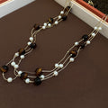 Vintage Tiger Eye Pearl Beaded Layered Crystal Sweater Necklace, Maillard Geometric Round Bead Style For Women view 4
