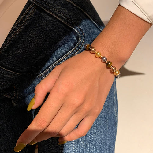 French Vintage Tiger Eye Stone Faux Pearl Beaded Magnetic Bangle For Women