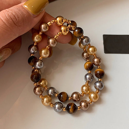French Vintage Tiger Eye Stone Faux Pearl Beaded Magnetic Bangle For Women