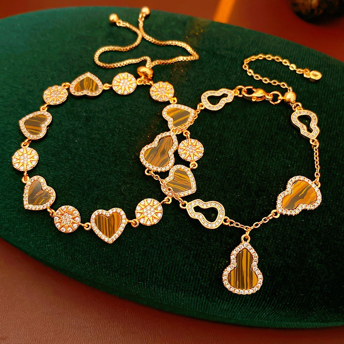 18K Gold Plated Copper Zirconia Gourd Heart Adjustable Bracelet, Vintage Light Luxury Jewelry