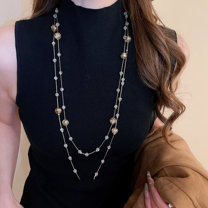 French Light Luxury Copper Crystal Round Beaded Layered Sweater Necklace