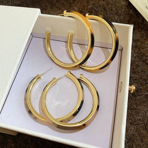 Acetate Leopard Print C Shape Hoop Earrings With Silver Pins, Retro Maillard Geometric Round Design