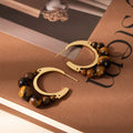 Vintage Court Style C Hoop Tiger Eye Beaded Copper Stud Dangle Amber Tone Elegant Women's Earrings view 4