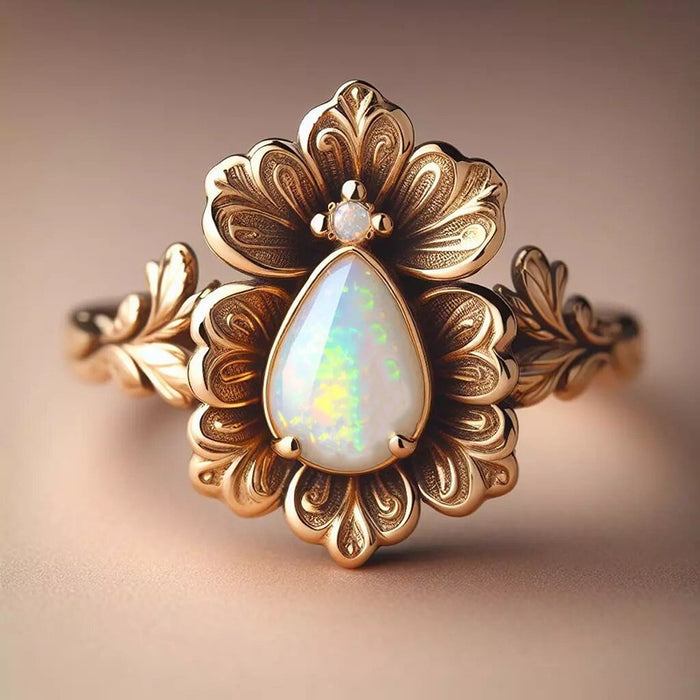 Fresh Pastoral Faux Opal Iris Flower Ring With Woodland Metal Style Accessory For Women