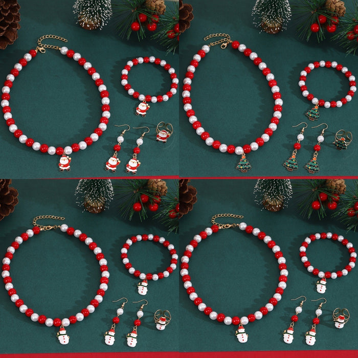 Elegant Christmas Santa Snowman Tree Enamel Charm Red White Pearl Beaded Jewelry Set Drop Earrings