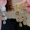 Alloy Round Textured Tassel Pendant Necklace And Earrings Jewelry Set For European Style view 4