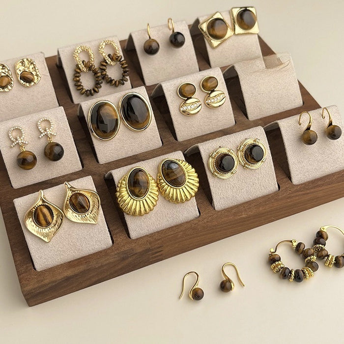 Real Gold Plated Tiger Eye Stone Geometric Round Maillard Style Stud Earrings With Silver Pins