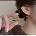 Real Gold Plated Tiger Eye Stone Geometric Round Maillard Style Stud Earrings With Silver Pins view 2