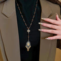 Vintage Beaded Chinese Knot Oval Eye Teardrop Glass Crystal Sweater Necklace view 3