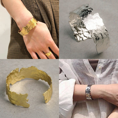 European Style Irregular Round Open Iron Bangle With Crumpled Metal Texture For Women