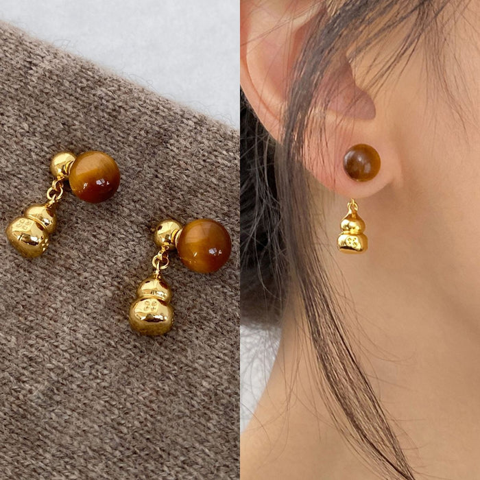 Acrylic Tiger Eye Geometric Gourd Convertible Stud Earrings Maillard New Chinese Minimalist Style