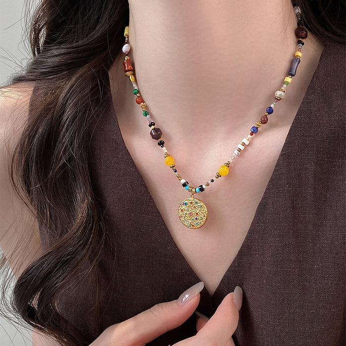 Ethnic Stainless Steel Rhinestone Stone Beaded Colorful Geometric Necklace For Women