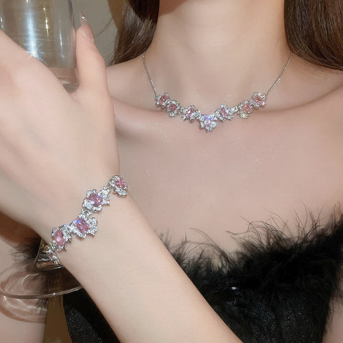 Copper Zircon Square Flower Pendant Necklace Bracelet Jewelry Set Light Luxury Style