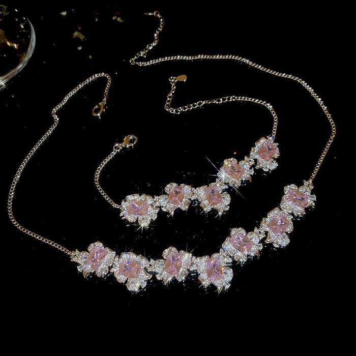 Copper Zircon Square Flower Pendant Necklace Bracelet Jewelry Set Light Luxury Style