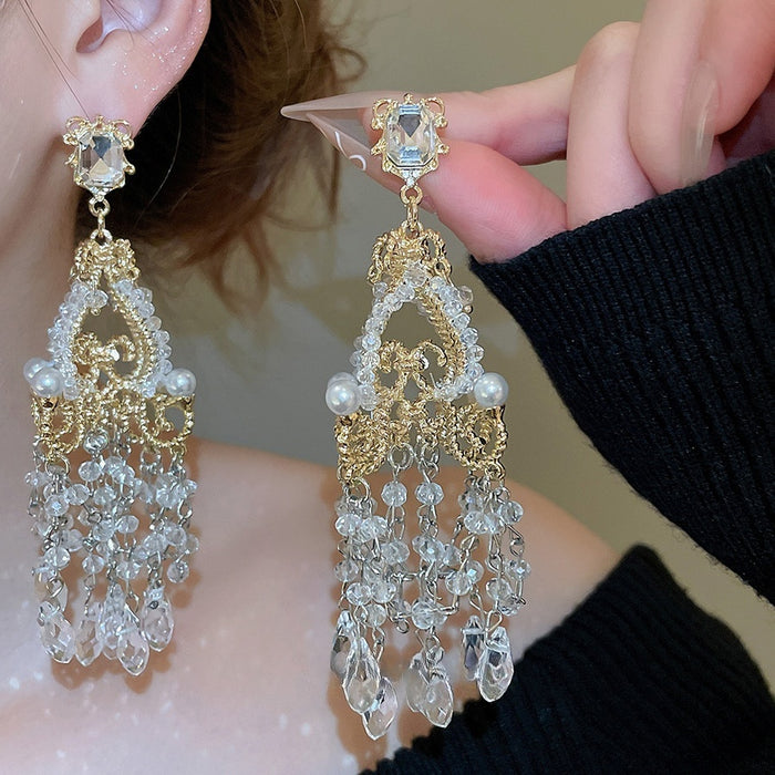 French Court Style Crystal Pearl Tassel Chandelier Earrings Geometric Light Luxury Ear Studs