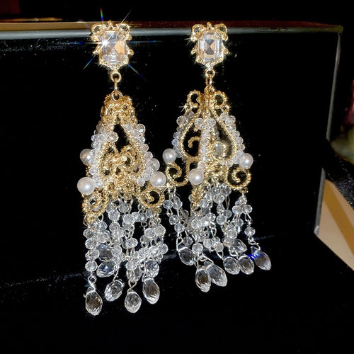 French Court Style Crystal Pearl Tassel Chandelier Earrings Geometric Light Luxury Ear Studs