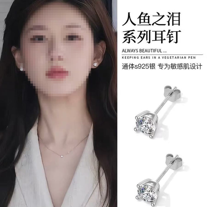 Light Luxury Copper Round Zircon Stud Earrings With Silver Pins For Women