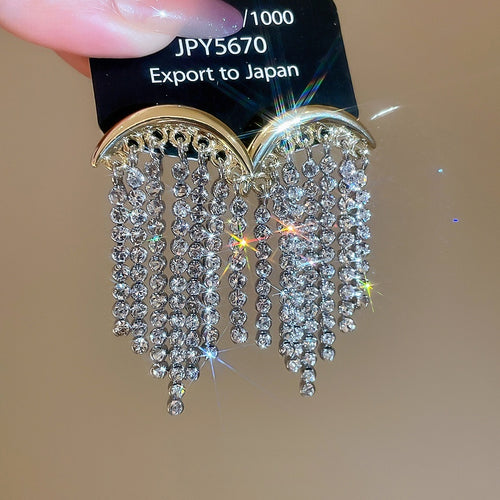 Light Luxury Alloy Rhinestone Moon Tassel Drop Earrings French Palace Style