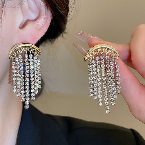 Light Luxury Alloy Rhinestone Moon Tassel Drop Earrings French Palace Style
