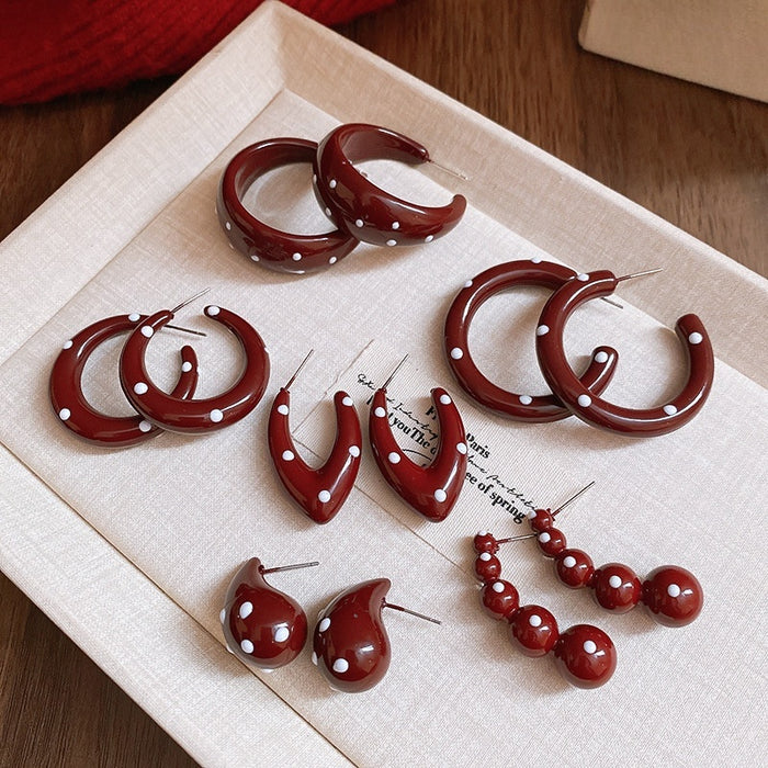 Acrylic Enamel Polka Dot Geometric C Shape Stud Earrings With Stainless Steel Pins Red Hong Kong Style