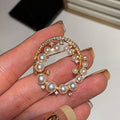 24K Gold Plated Faux Pearl And Sparkling Zircon Round Brooch, French Light Luxury Pin view 2