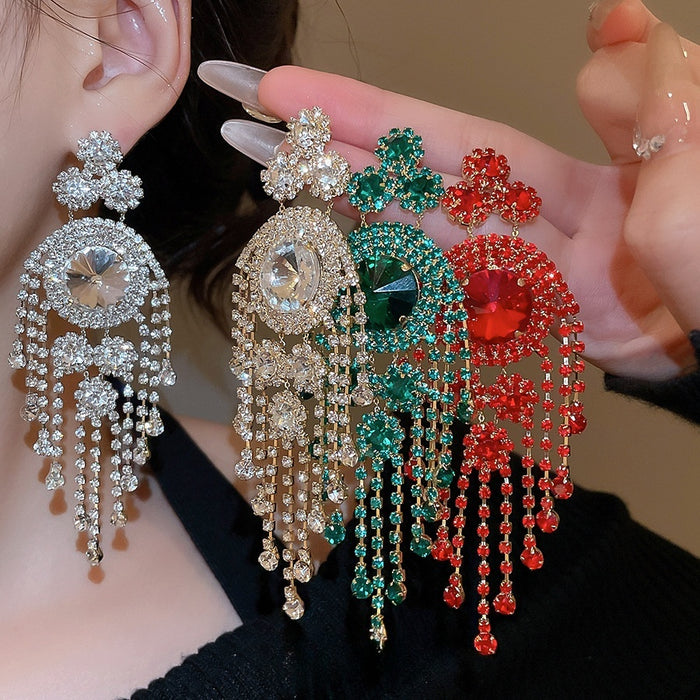 Rhinestone Copper French Geometric Round Tassel Drop Earrings Elegant Court Style