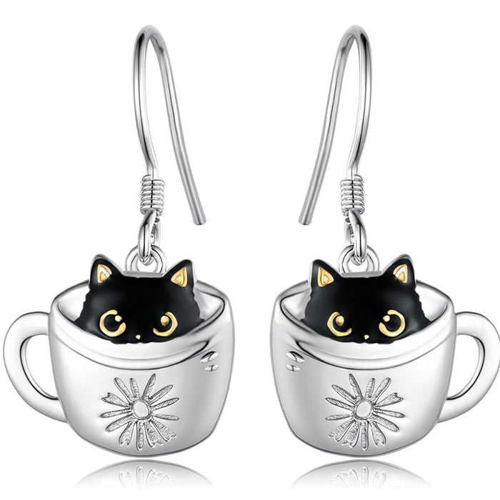 Cute Metal Cat Dangle Earrings For Women With Painted Coffee Cat Design And Fashion Fairy Style